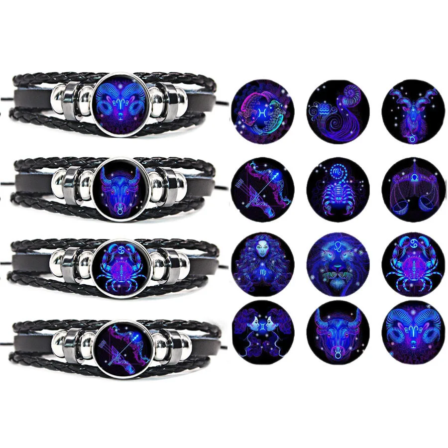 

12 Constellation Bracelet Zodiac Black Leather Punk Leo Virgo Cancer Braided Glass Dome Jewelry for Men&Women Bracelets Gifts
