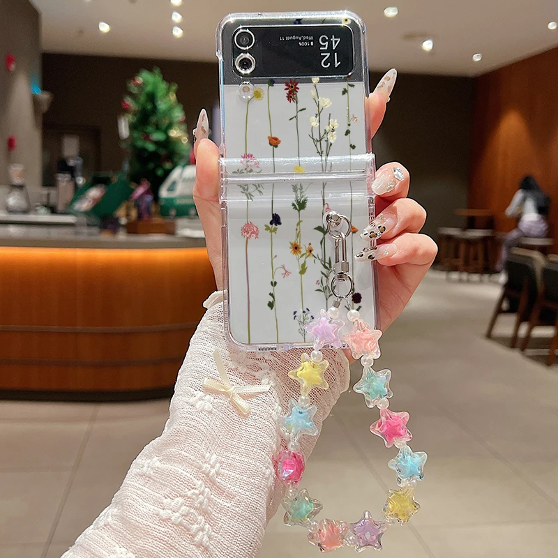 Красочный чехол для телефона с ремешком и цепочкой Little Flowers Samsung Galaxy Z Flip 3 4 5 6 5G Flip5