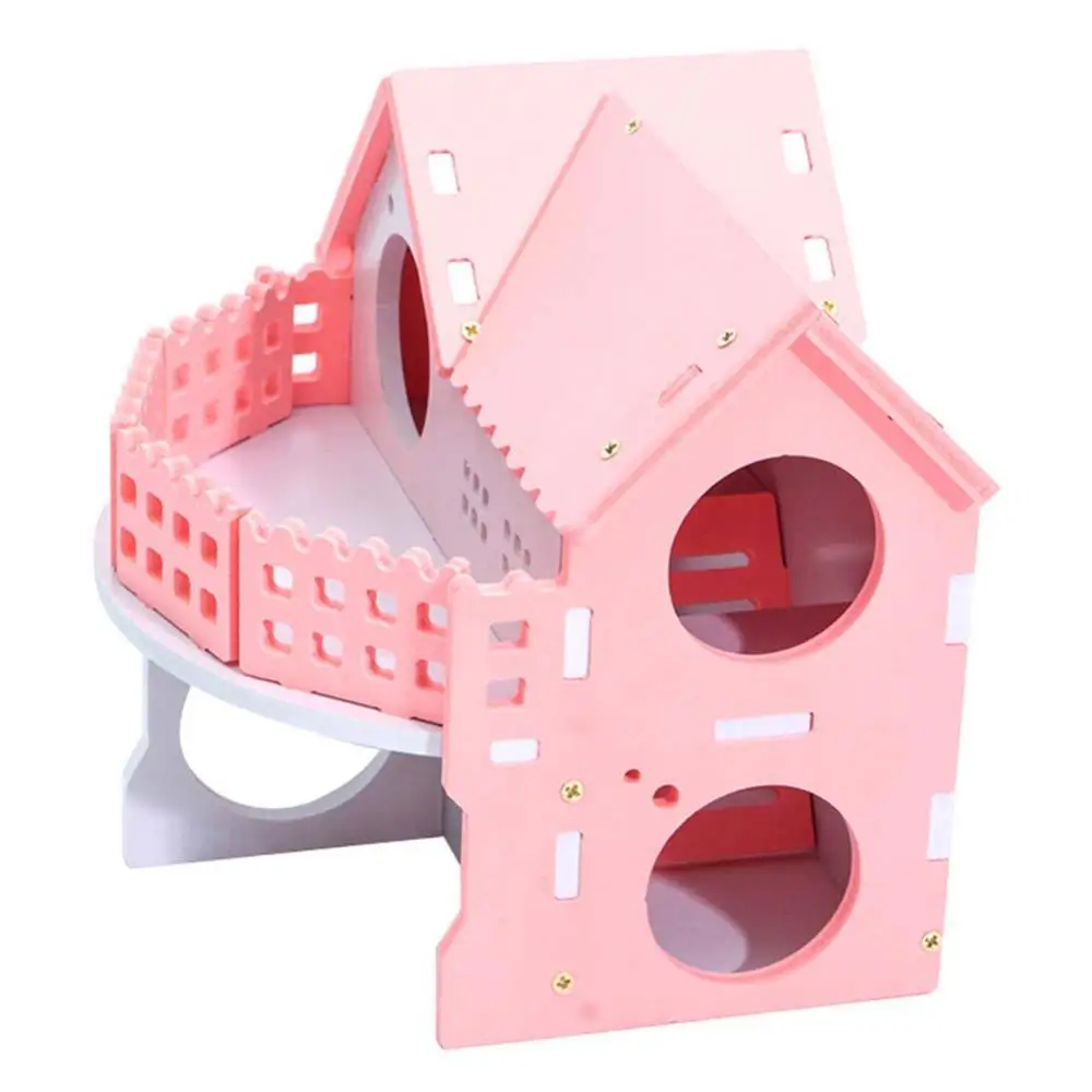 

Small Wood Plastic Double Deck Guinea Pig Rat Hamster Nest Villa House Small Pet Cage Toy Pink Castle Dream Cottage With Stairs