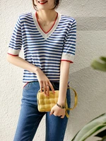 korean fashion womens clothes 2022 summer thin striped knitted t shirts women casual short sleeve v neck tops tee shirts femme
