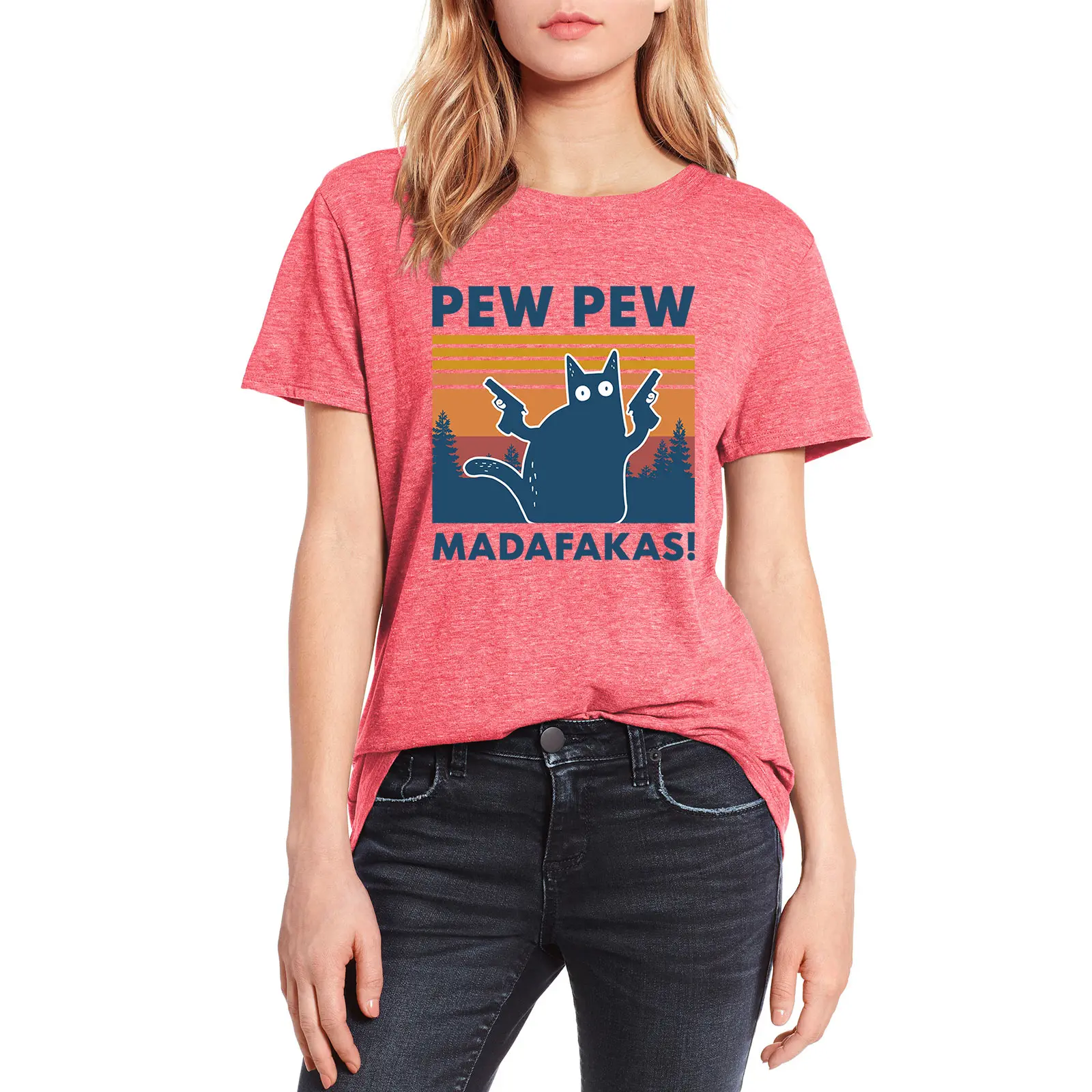 

Pew Pew Madafakas Novelty Funny Cat Printing Vintage Crew Neck Women Soft Colored Cotton T-Shirt Humor Harajuku Streetwear Gift
