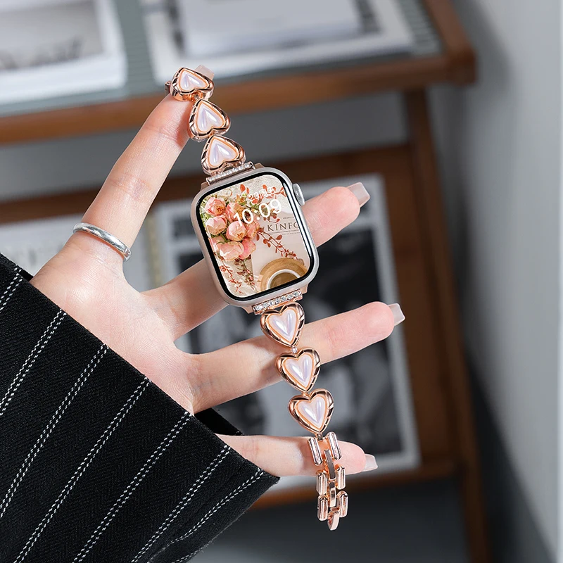 

Love HeartBracelet Pearl Diamond Metal Band For Apple Watch 8 Ultra 7 6 4 5 SE Strap For iWatch 41mm 45mm 49 40mm 38 42 44mm