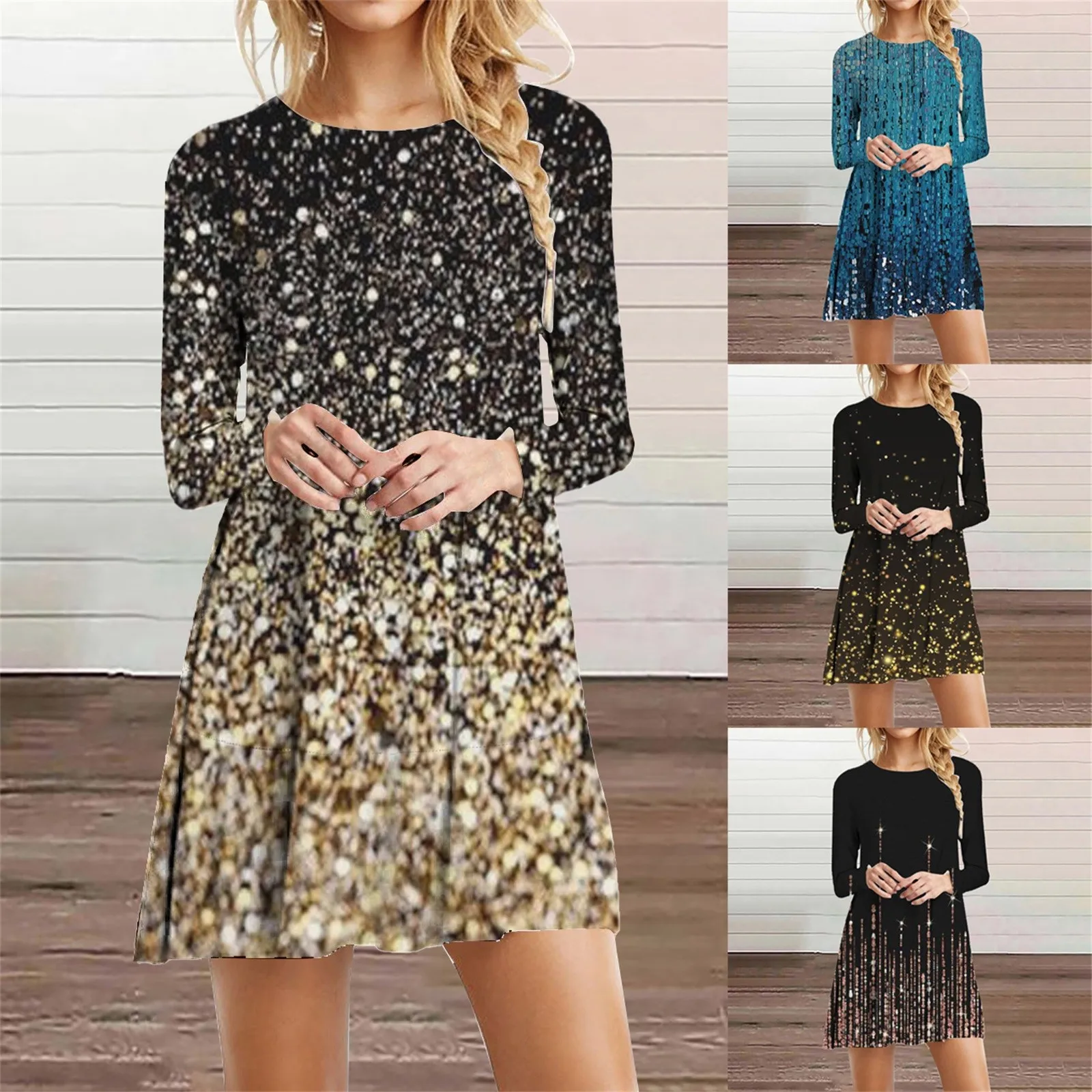 

Women's Dresses Printed Round Neck Long Sleeved Dress Autumn And Winter Casual Sexy Dresses Sweater Dress with Belt
