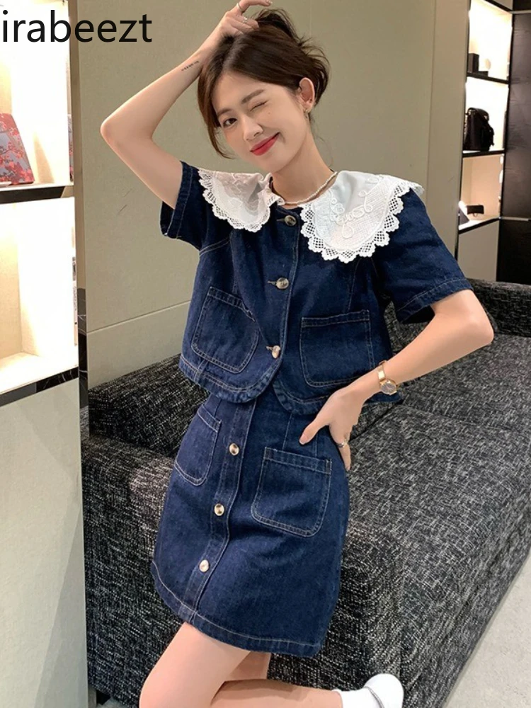 

Женский костюм из джинсовой куртки и юбки, милый крутой топ с коротким рукавом и кукольным воротником во французском стиле, 2022