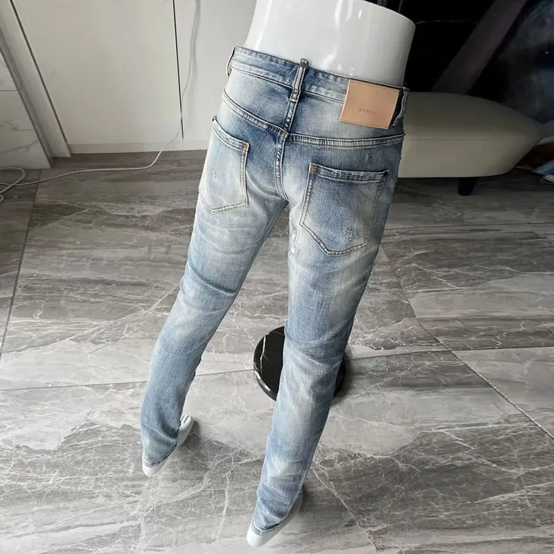 Italian Style Fashion Men Jeans High Quality Retro Light Blue Elastic Slim Ripped Jeans Men Vintage Designer Brand Pants Hombre