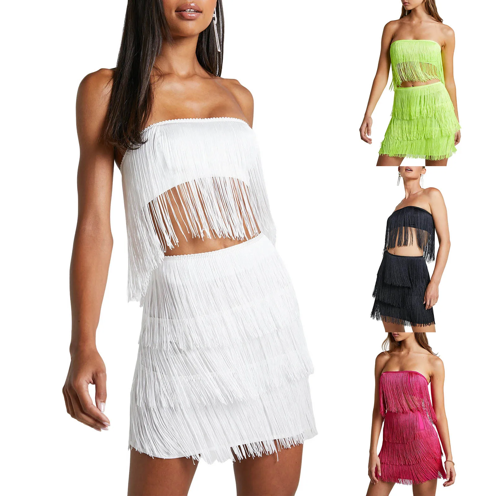 

Женский праздничный костюм с топом и юбкой, однотонный жилет без рукавов и бретелек с кисточками и короткая юбка, одежда для клубной вечеринки, уличная одежда