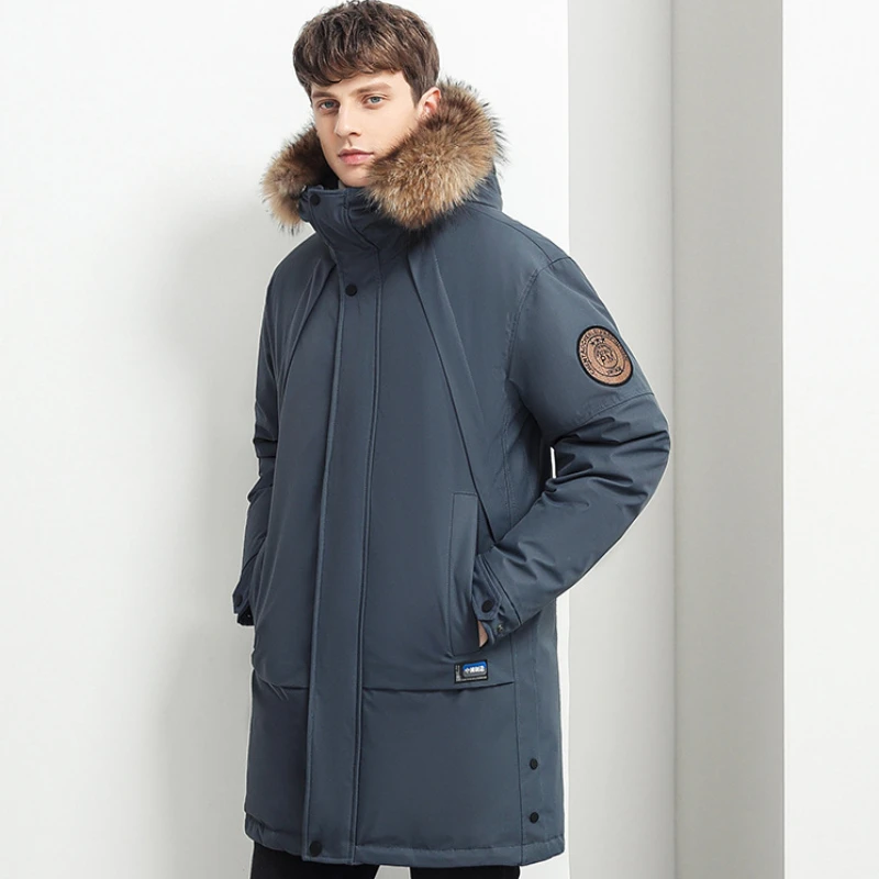 Мужской зимний пуховик с меховым воротником теплая парка средней длины для