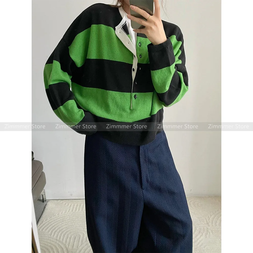 Модный женский 24 ранняя осень новый зеленый полосатый шерстяной пуловер на