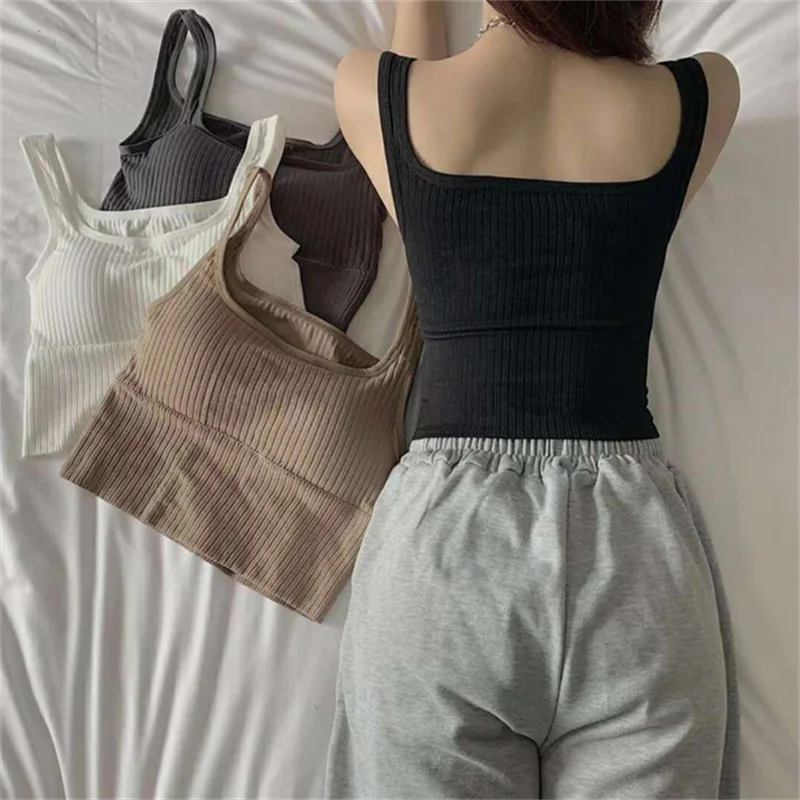 

Seamless Crop Top Women Underwear Wire-Free U-Shaped Camisole Wide Straps Striped Solid Bralette Lingerie New