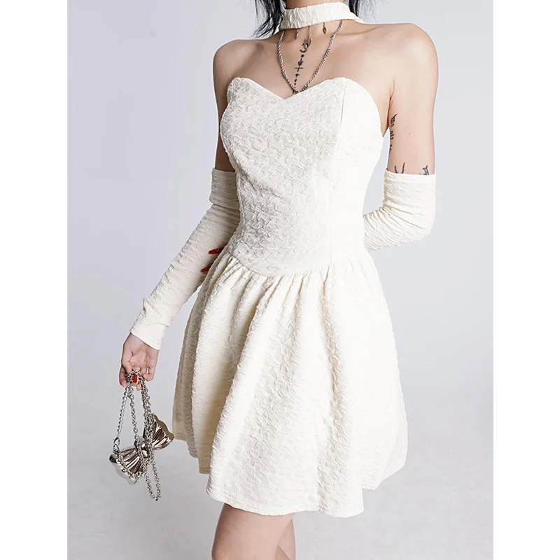 

Women's White Halter Neck Dress Tube Top Sleeveless French High Waist Casual Fashion Baggy A-Line Sexy Short Skirt Ladies Summer