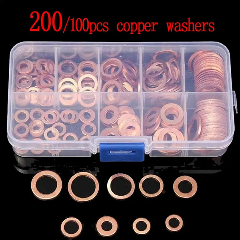 200/100PCS M4-M14 Copper Washer Gasket Nut and Bolt Set Flat Ring Seal Assortment Kit with Box Fastener Screw Washers Sets