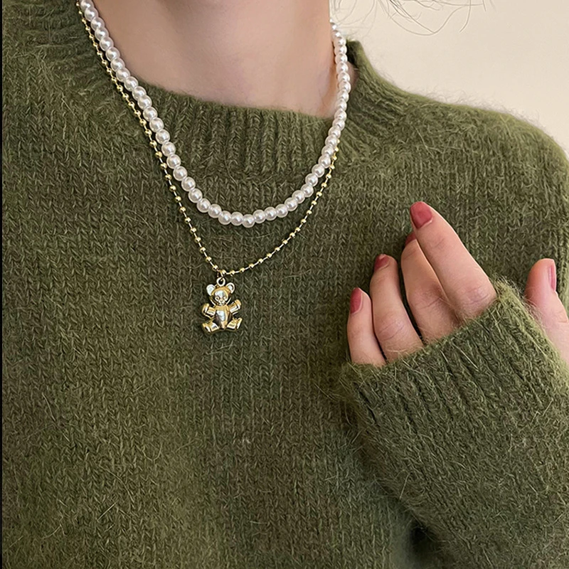 

Kpop Hot Sale Cute Bear Pendant Pearl Beaded Chain Choker Necklace For Women Bff Collares Aesthetic EMO Harajuku Jewelry Gift