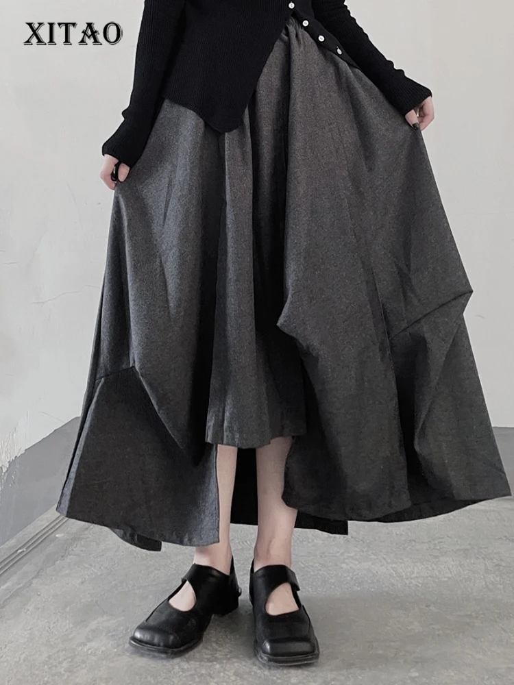 

XITAO Solid Asymmetrical Skirt Women Korea 2022 Autumn New Personality Fashion Loose Elastic Waist Ankle-length Skirt WLD8922