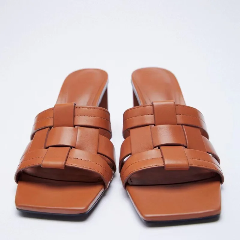 

Sandals For Women 2022 Luxury Brands ZARZ Summer Brown Thick-heeled Leather Weave Qquare Toe Open Toe Back High Heels Slippers