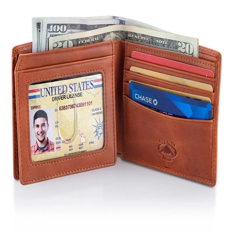 

Leather Bifold Wallet for Men With ID Window and RFID Blocking (Light Brown)