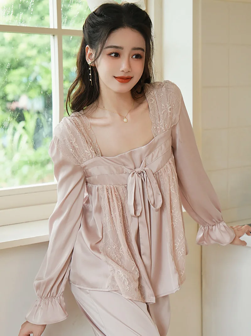 French Silk Pajamas for Women Lace Ruffles Fairy Shirt Lounge Two Piece Sweet Femme Nightgowns Victorian Princess Sleepwear
