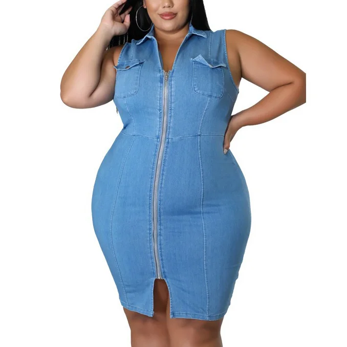 Plus Size 4xl 5xl Oversized Jeans Dress Turn Down Collar Sleeveless Zipper Closure Knee Length Bodycon High Wa 3xl 4xl 5xl 6xl
