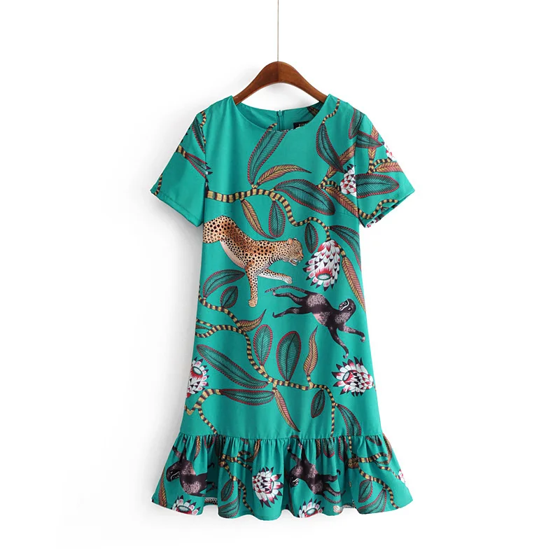 

2019 women elegant o neck short sleeve animal floral printing casual straight dress ladies hem pleated ruffles dresses DS1842
