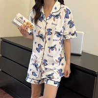 kawaii anime stitch pajamas clothes cartoon movie tv surrounding summer leisure thin short sleeve ms loungewear 2 piece set