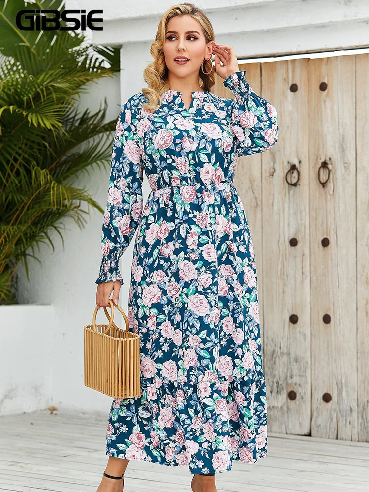 

GIBSIE Plus Size Notched Neck Floral Print Ruffle Hem Dresses Women Spring Fall Vacation Boho A-line Elastic Waist Long Dress