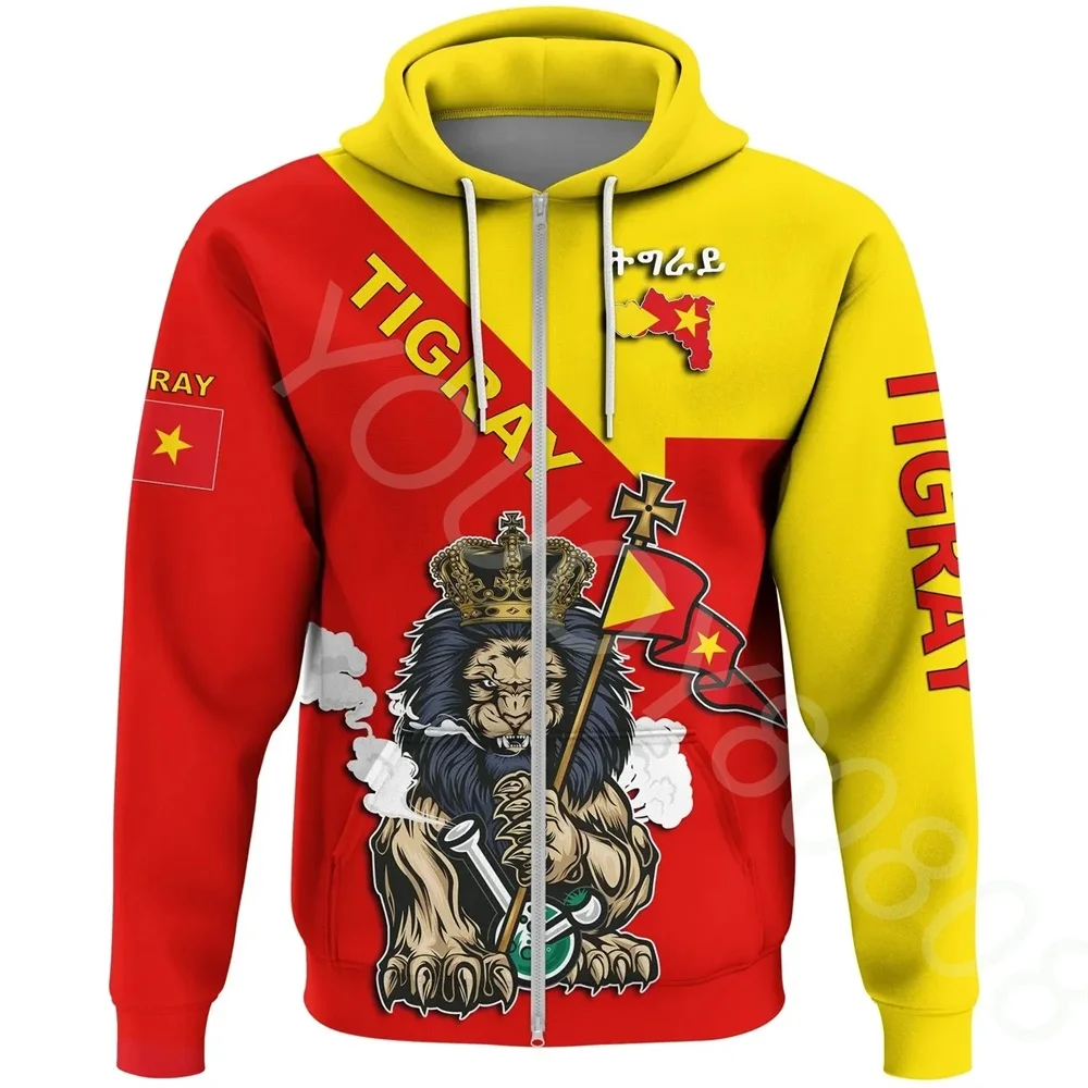 

2022 Fall Winter New Tigray Lion Flag Map Zip Hoodie African Zone Clothing Men's Zip Hoodie Vintage Harajuku Sportswear Clothing