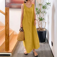 2022 summer casual loose cotton linen dress women o neck sleeveless solid dress simple style elegant ladies long party dresses