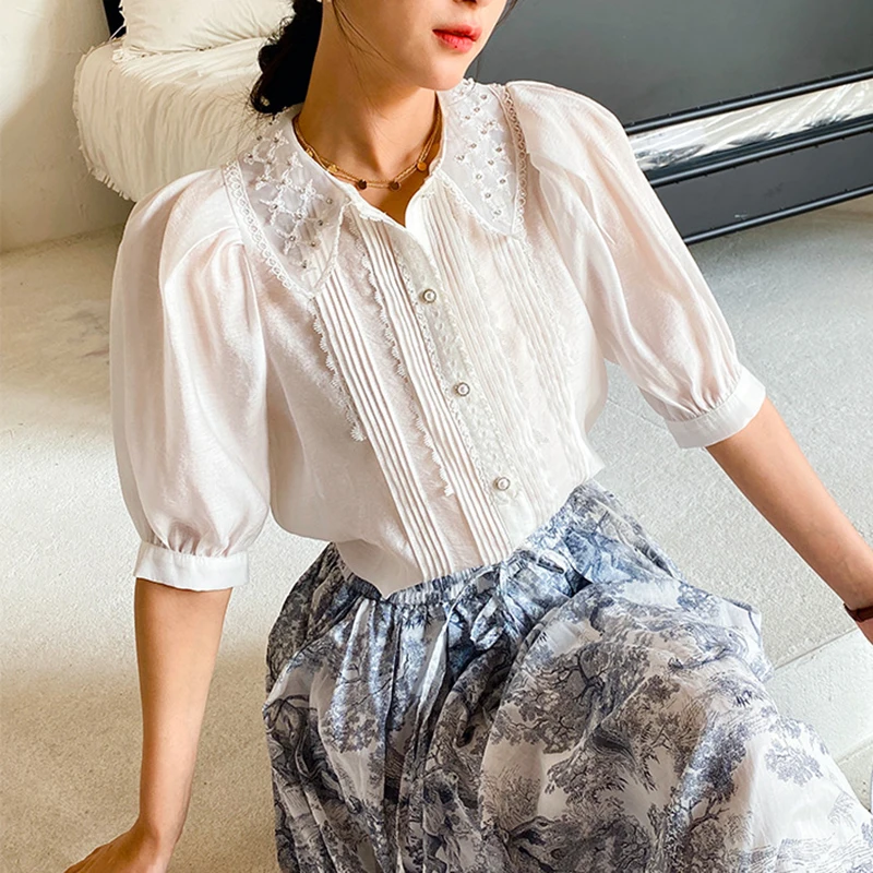 

GypsyLady Embroidery Elegant Chic Blouse Shirt White Fairy Summer Women Blouse Puff Sleeve Button Front Sheer Ladies Shirts Top