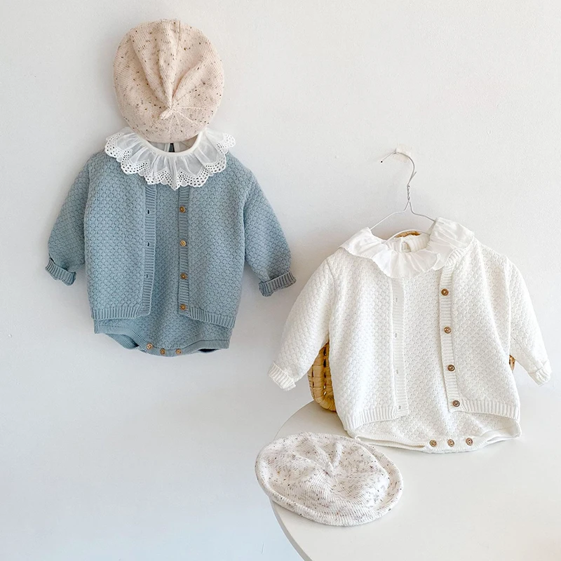 2022 New Spring Newborn Baby Girl Clothes Pure color Cotton Knit Long Sleeve Sweater Coat Baby Romper Toddler Sets Clothing