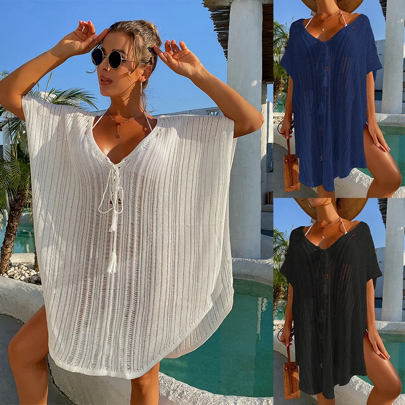 

Cover Up of Swimsuit Summer Vacation Sexy Hollow Out Straps Loose Tunic Bikini Sunscreen Knitted Bathing Suit Beachwear Cover-up