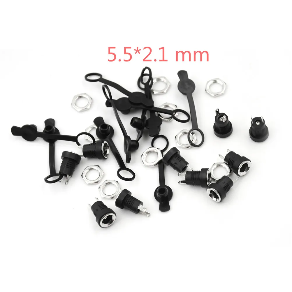 10Pcs/Set Black DC Power Jack Socket Female Panel Mount Connector Plug + Socket + Waterproof Cap 3 Sizes