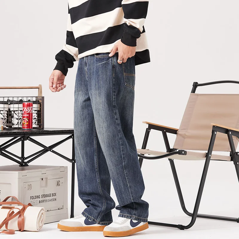 Streetwear Men Large Loose Broad Leg Blue Jeans Autumn and Winter New Pattern Falling Feeling Mopping The Floor Trousers Female