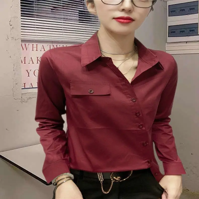 

Весенняя Элегантная модная женская футболка большого размера на пуговицах, Женская универсальная Повседневная Блузка с длинным рукавом, ж...