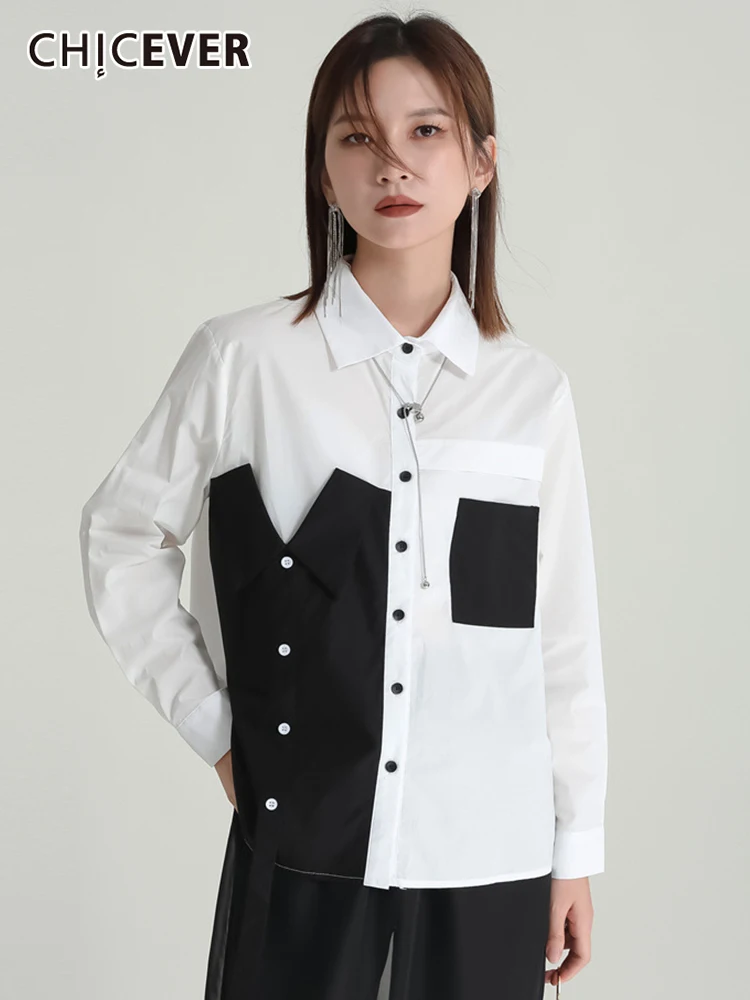 

CHICEVER Hit Color Patchwork Shirt For Women Lapel Long Sleeve Irregular Loose Blouse Female Summer Fashion Clothing 2022 New
