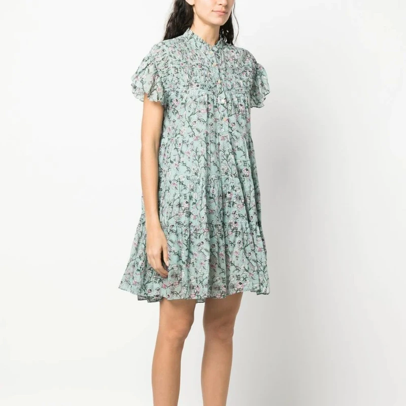 2023 Summer New Ladies Retro Ladies Floral Wooden Ear Edge Round Neck Short Flying Sleeve Dress Casual