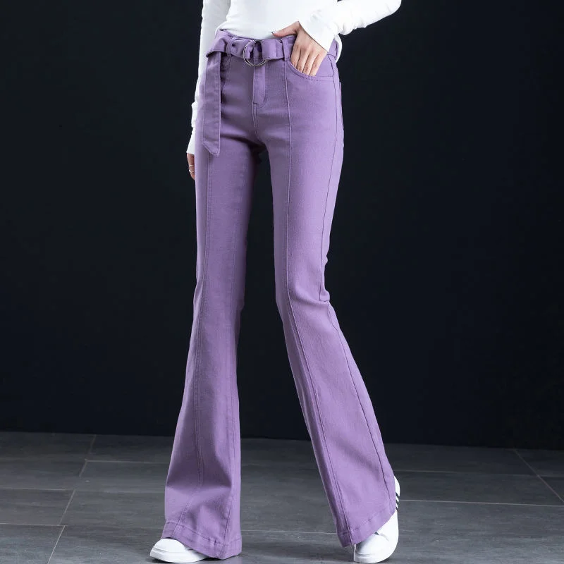 

Women's Purple Bell Bottom Denim Pants High Waist Stretchy Long Flare Juniors Jeans Trouser Fashion Straight Wide Leg Pants C233