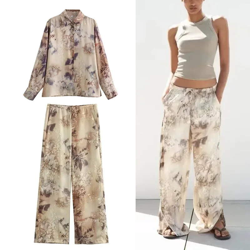 

TRAF Women 2 Pieces Sets Printe Single-breasted Shirt Lapel Long Sleeve Shirt +Female Mid-waist Elastic Drawstring Pants Sets