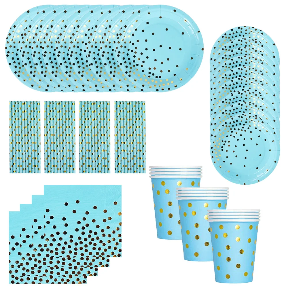 

Blue Gold Dot Party Supplies Disposable Party Dinnerware Golden Dot Paper Plates Napkins Cups for Birthday Wedding party decor