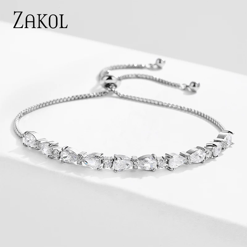 

ZAKOL Simple Water Drop Cubic Zirconia Adjustable Bracelets for Women Fashion Wedding Party Anniversary Jewelry Gifts BP1021