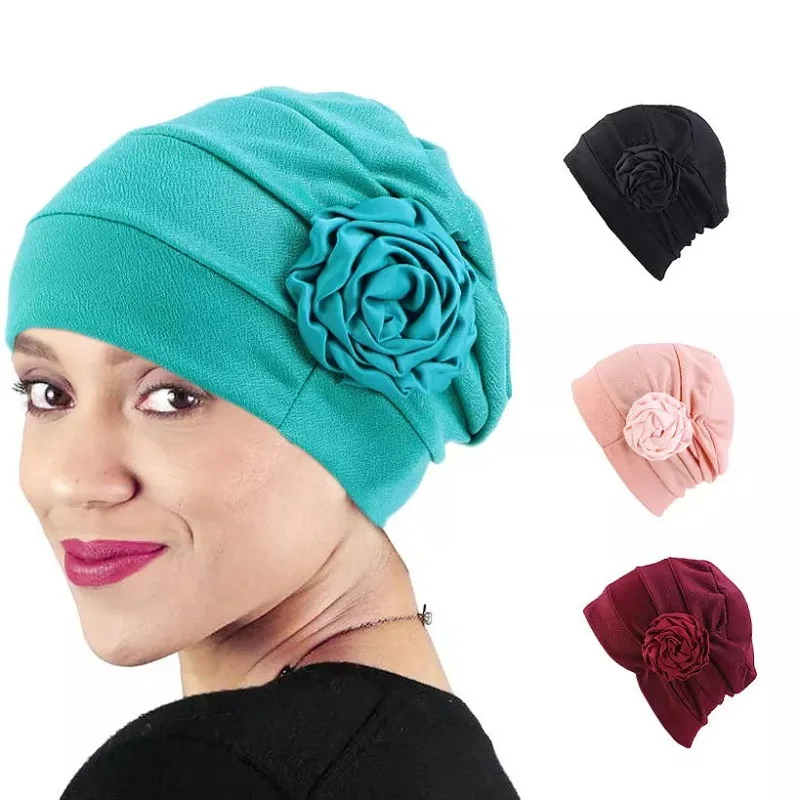 

New Women big flower Women's Hat Chemotherapy Cap Muslim Islam Ruffle Cancer Chemo Beanie Scarf Turban Wrap Cap Hair Accessories
