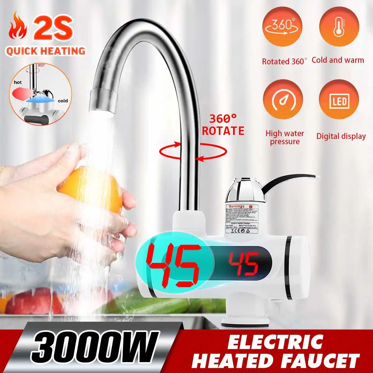 

Tankless Instant Electric Water Heater Temperature Display Water Heating Kitchen Hot 3000W Water Heater with LED EU Plug