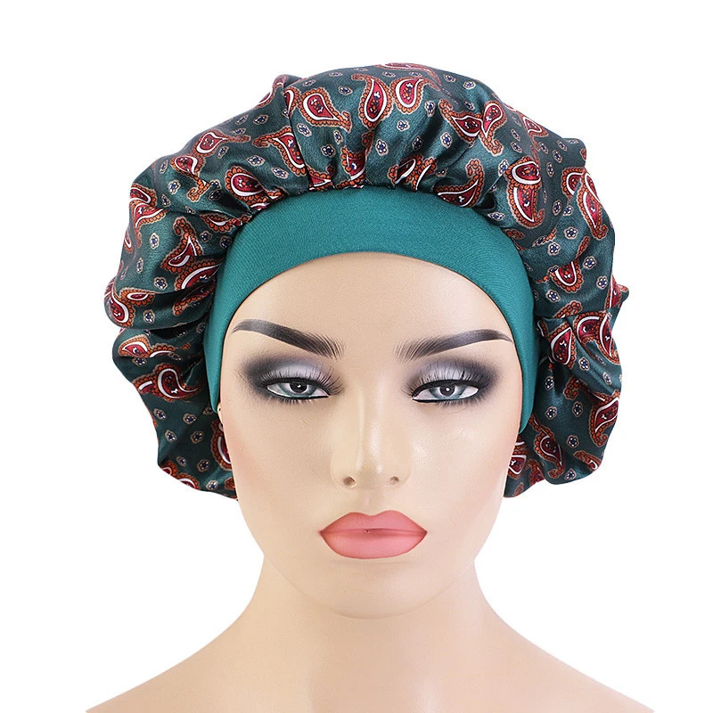 

Newly Hair Satin Bonnet For Sleeping Cap Silk Bonnet Women Printed Night Sleep Cap Head Cover Wide Elastic Band Accessory