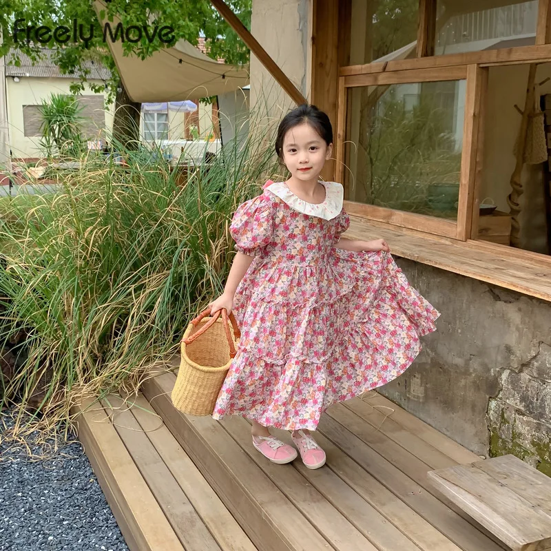 

Freely Move 2022 Summer New Children's Flower Dress Girl Puff Sleeve Dress Floral Print Kid's Princess Dress Party Clothes