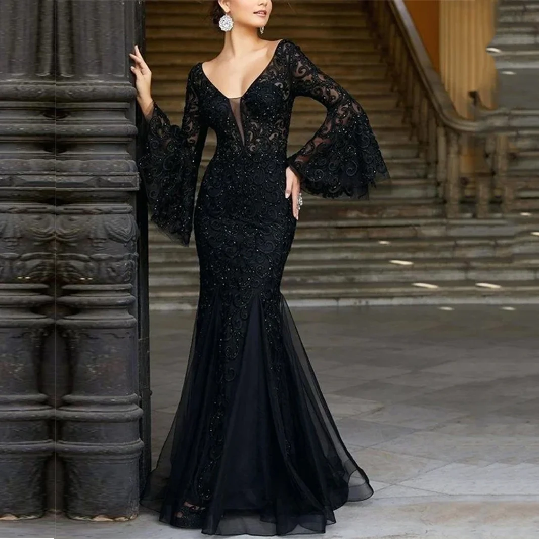 

2022 Fashion Women Evening Party Dress Long Flare Sleeve Solid Color Floral Printing Western Style Sexy Lady Dress For Autumn