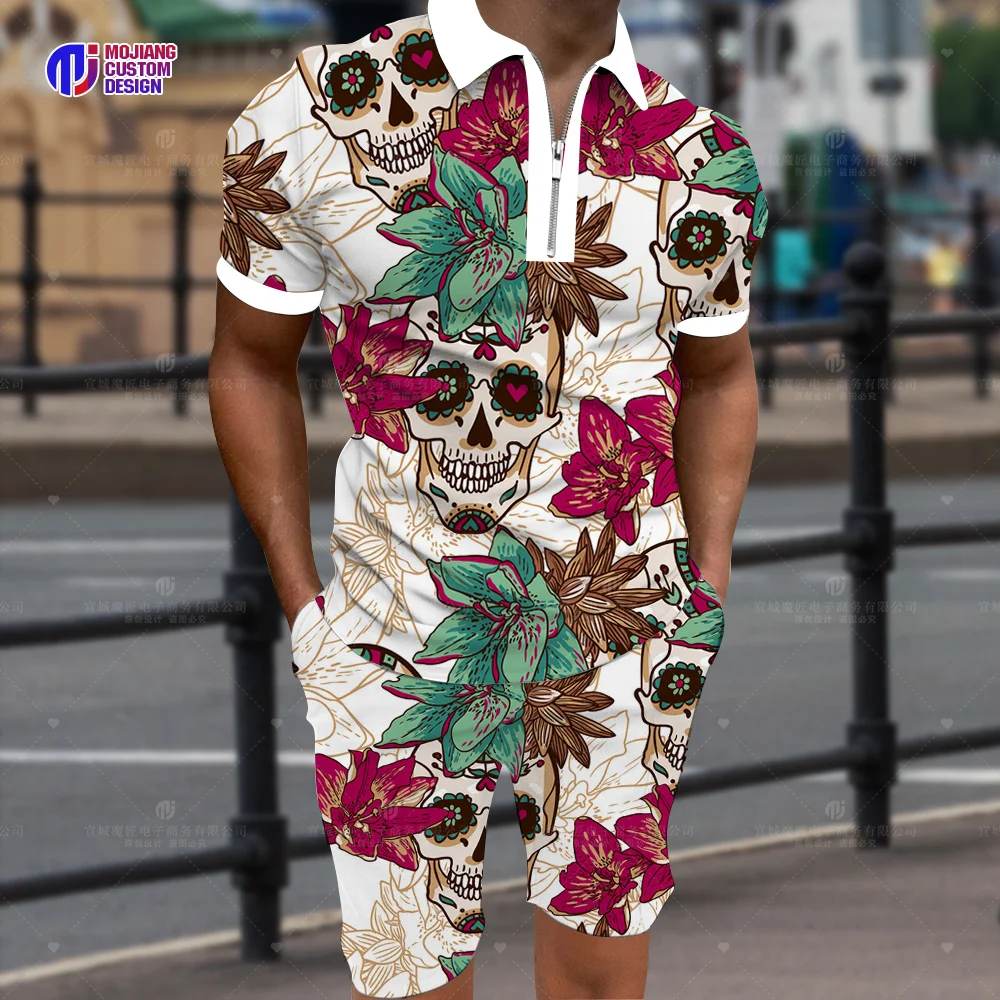 2023 Men's Short Sleeve Shirt Skull Series 3D Printing Top Casual Fashion Zipper Lapel Polo Shirt Street Hip Hop Oversized