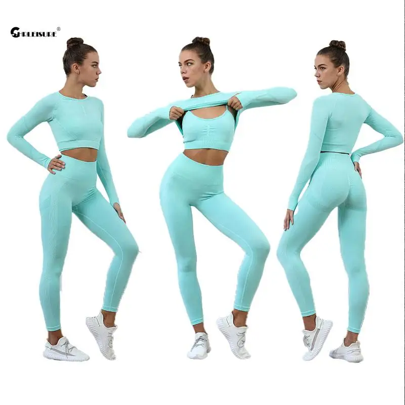 CHRLEISURE 2/3 шт бесшовный Набор для йоги женские спортивные костюмы с длинным рукавом