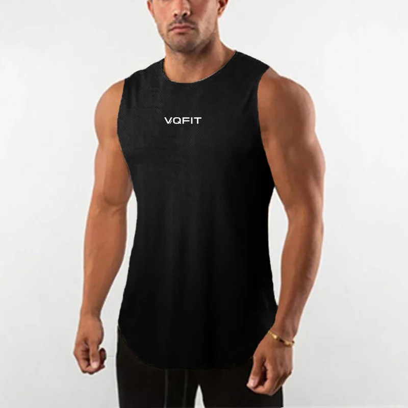 

Summer Quick Dry Mesh Mens Curved Hem Running Vest Gym Bodybuilding Clothing Fitness Male O-Neck Sleeveless Tank Top