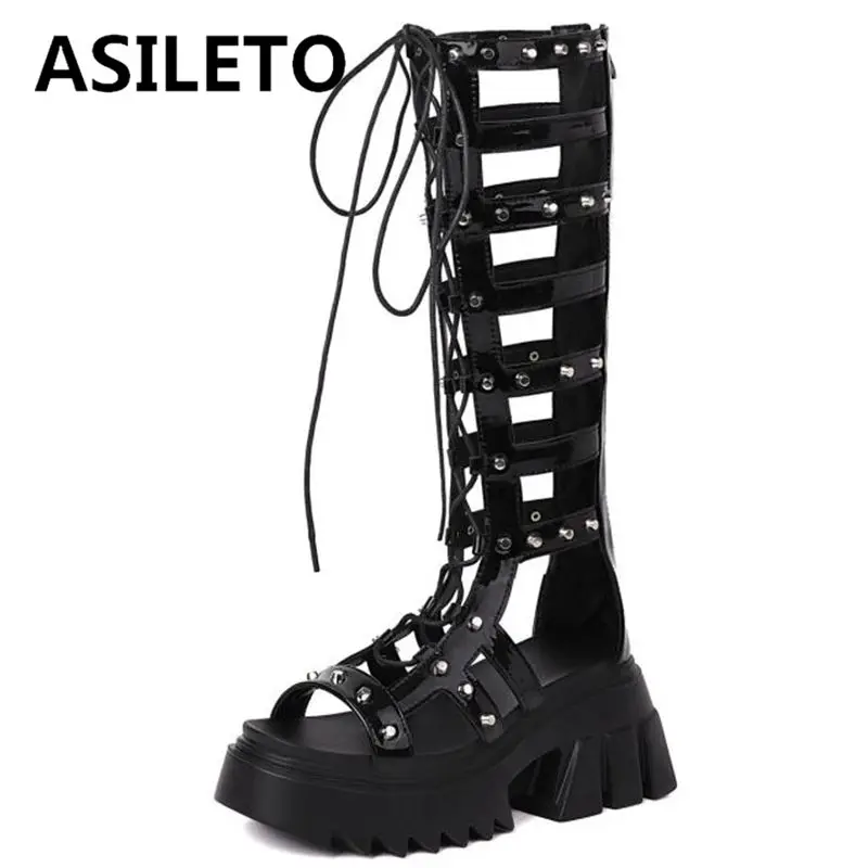 

ASILETO Women Knee High Sandals Peep Toe Thick Heel Rivets Cross Tied Straps Punk Platform Plus Size 36-43 Black Summer S3607