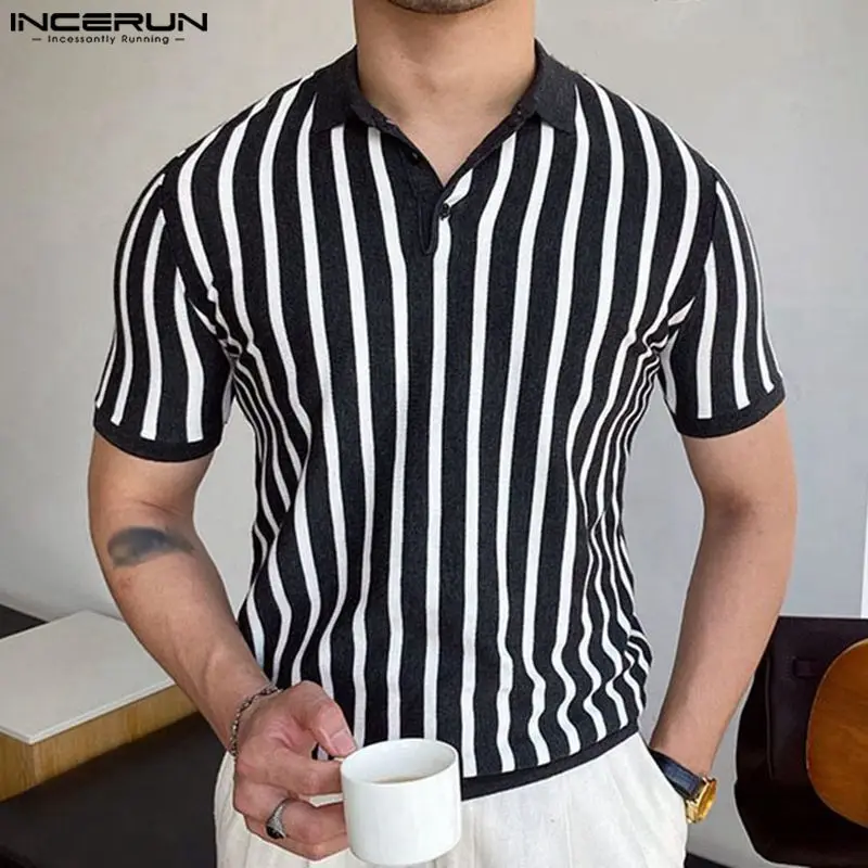 

INCERUN Tops 2023 Korean Style Handsome Men's Fashion Lapel Stripe Spliced Blouse Casual Vacation Male Short Sleeve Shirts S-5XL