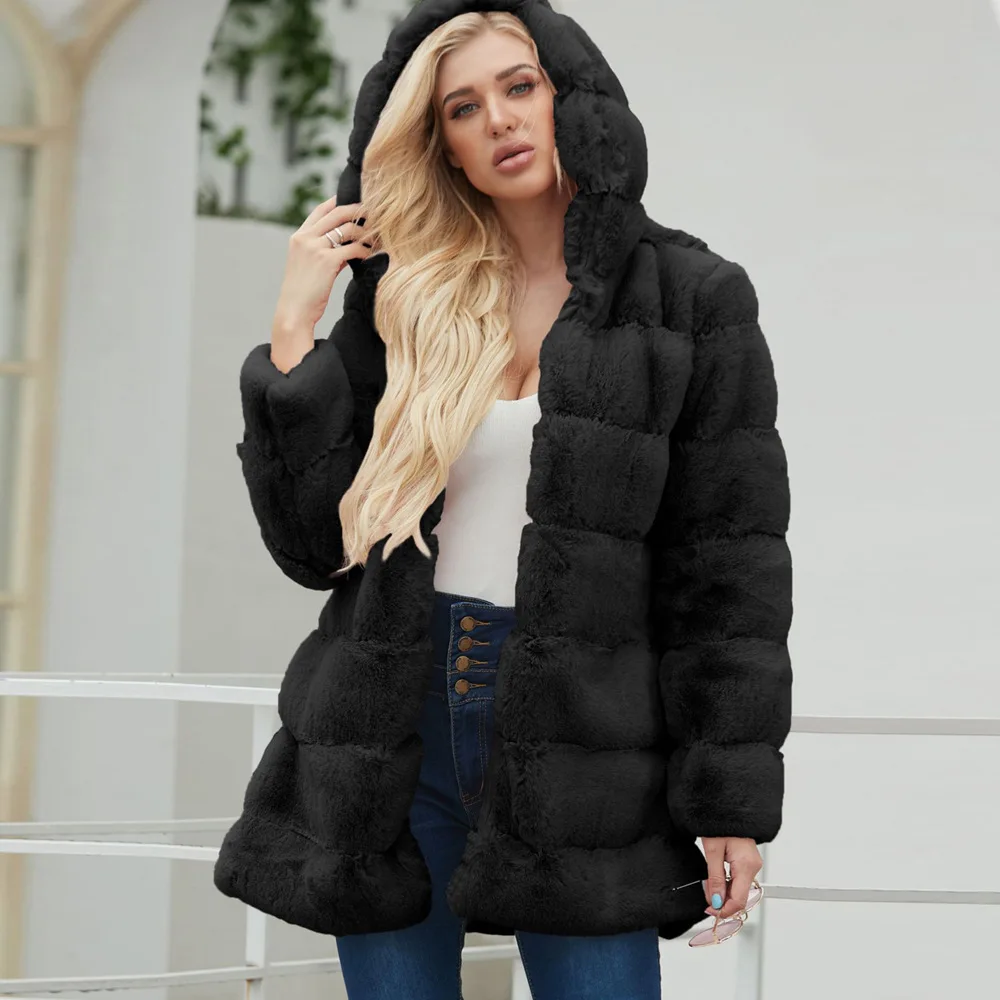 Women's Leather Fur Coat Hooded Long Faux Fur Coat Women's Faux Fur Coat