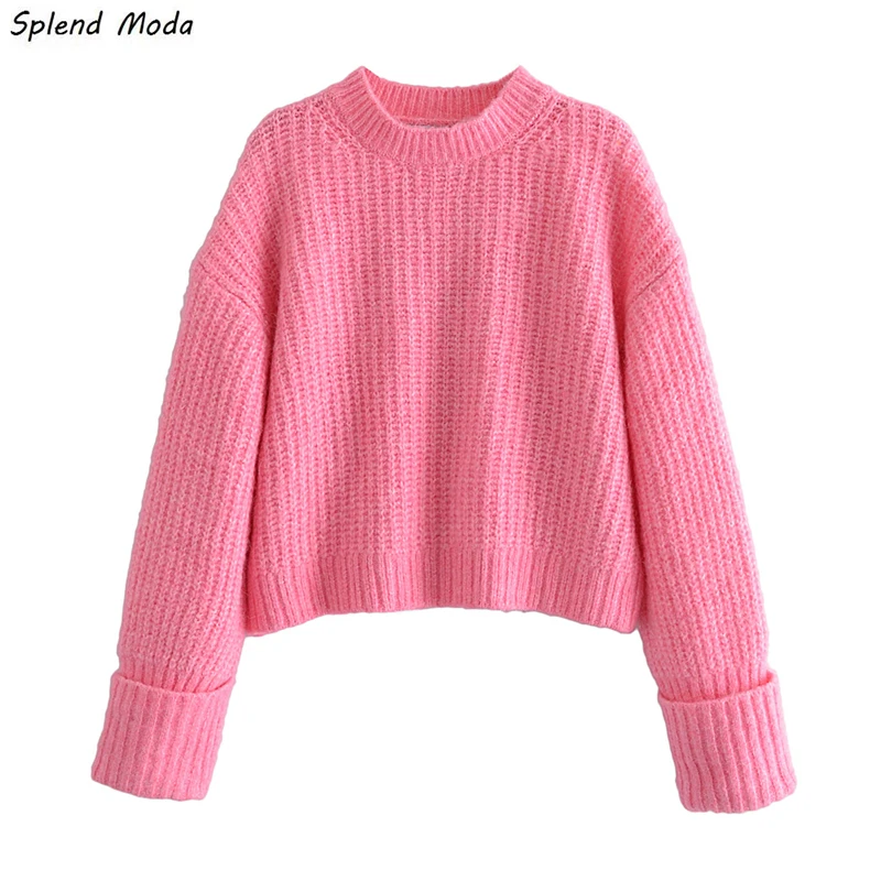 

Splend Moda Pullover Women's Autumn 2021 Fashion Sweet Casual O-Neck Short Sweater Korean Top Pink Loose Sweater Solid Color